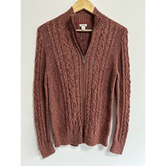 LL Bean Womens Double L Cable Sweater Zip Cardigan Cotton Mix Cable Red Rust Med - Picture 1 of 10